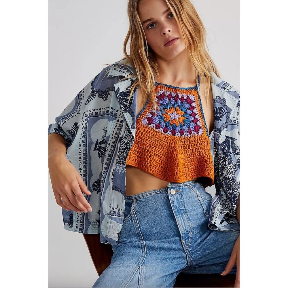 NEW SZ LARGE L FREE PEOPLE BELLA CROCHET CROPPED CROP HALTER TANK TOP SHIRT BOHO